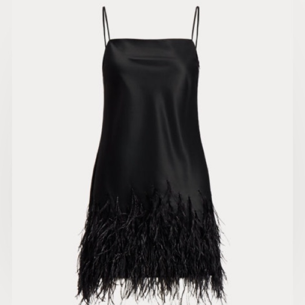 Polo Ralph Lauren Feather-Trim Satin Cocktail Dress Black NWT